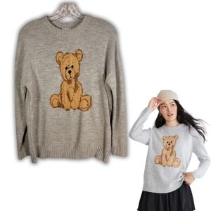 Aeropostale Teddy Bear Knit Gray Sweater Intarsia Coquette